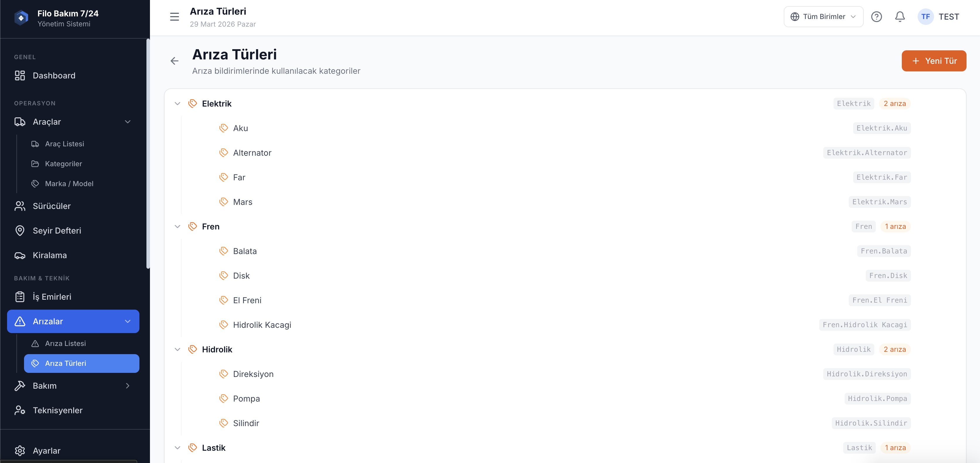 Araç arıza türleri yönetimi ekranı — arıza sınıflandırma — Filo Bakım 7/24