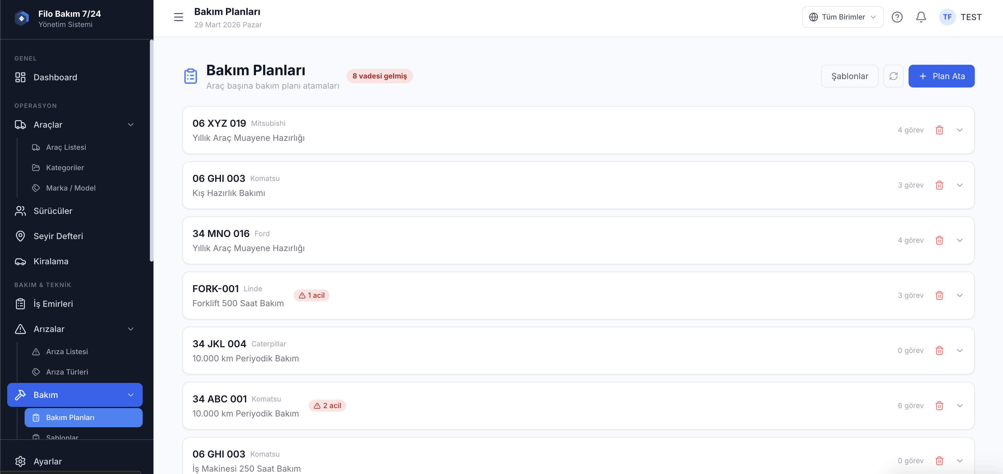 Araç bakım planlama takvimi ekranı — proaktif bakım programı — Filo Bakım 7/24