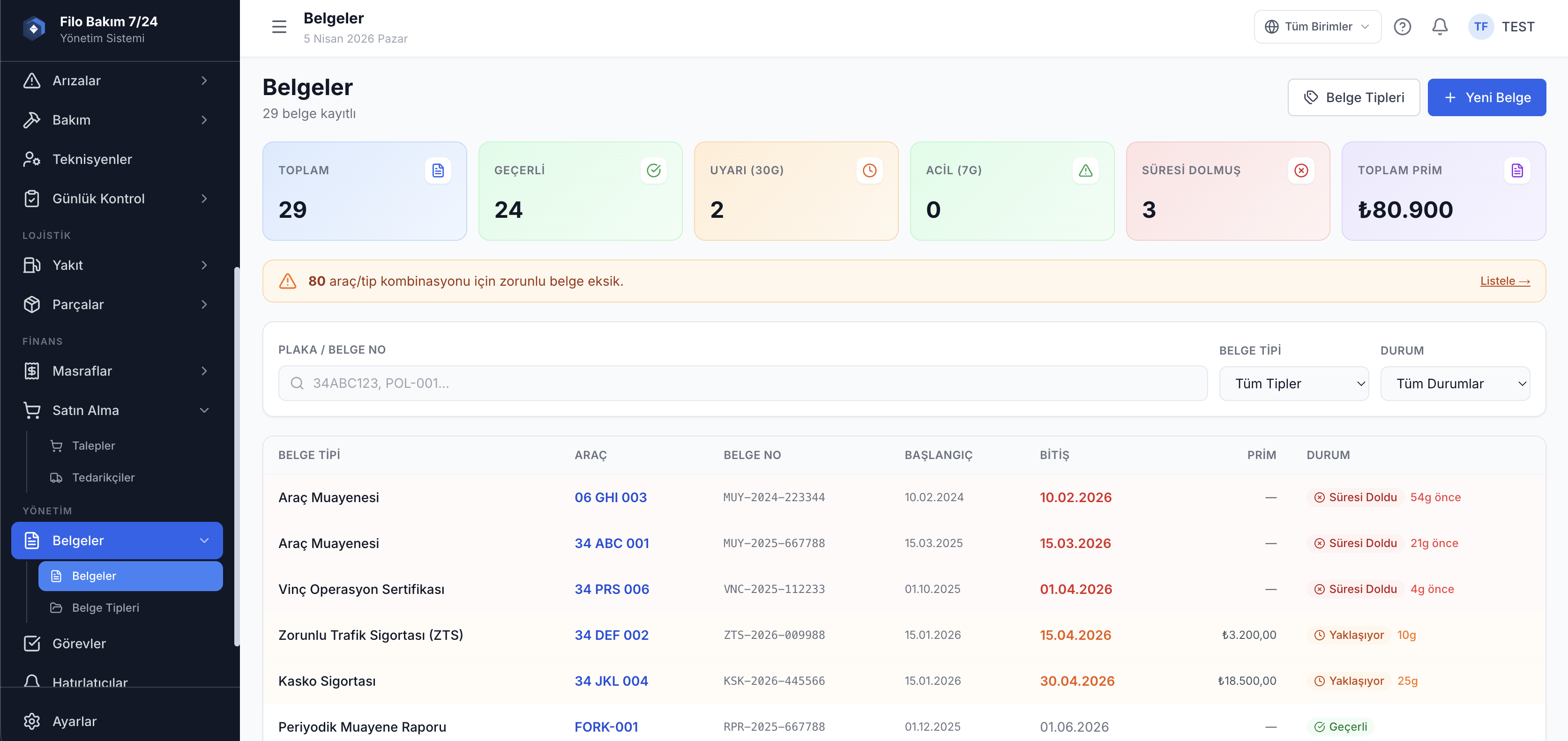 Araç belge takip ekranı — sigorta, muayene ve ruhsat yönetimi — Filo Bakım 7/24