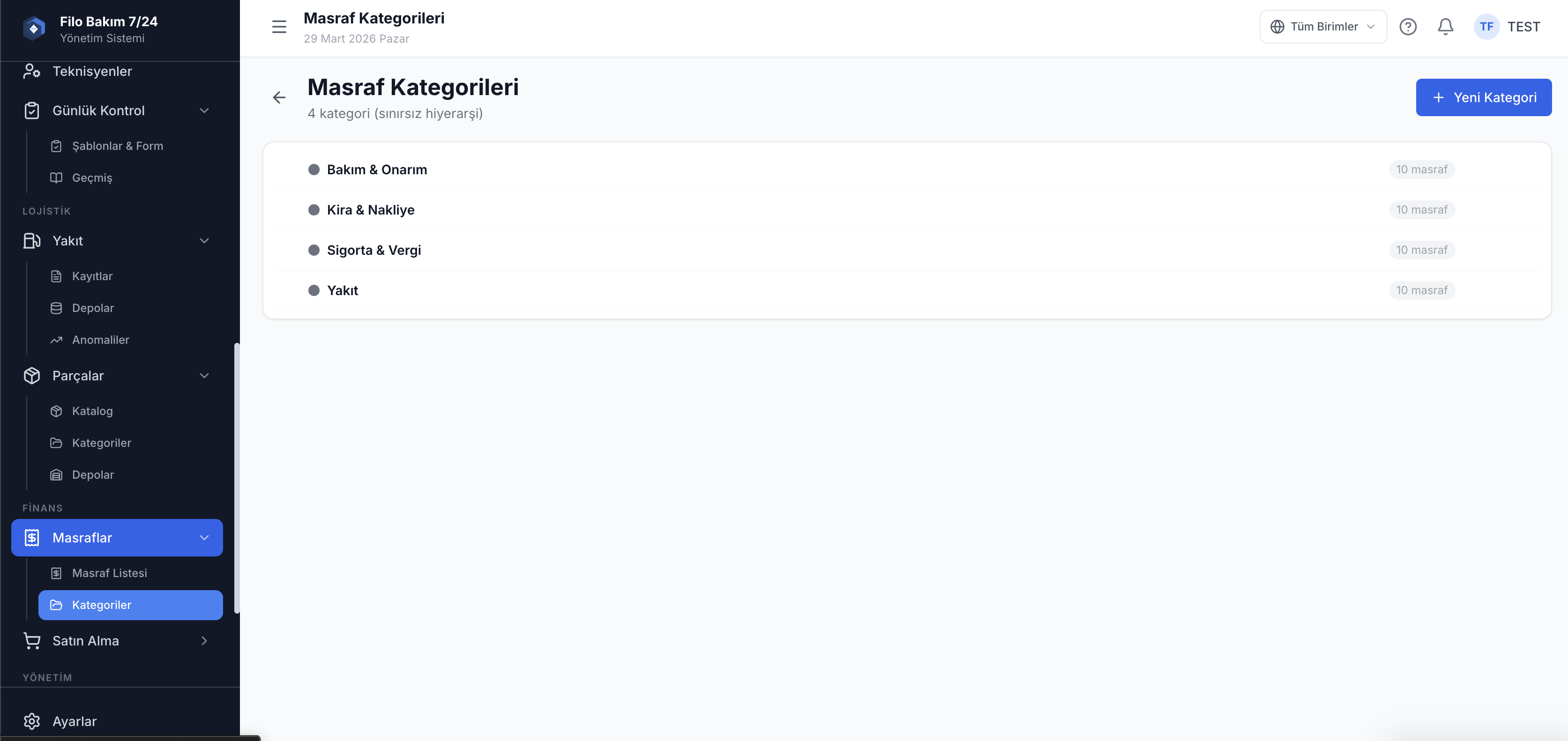 Araç masraf kategorileri ekranı — bakım, yakıt, sigorta gider takibi — Filo Bakım 7/24