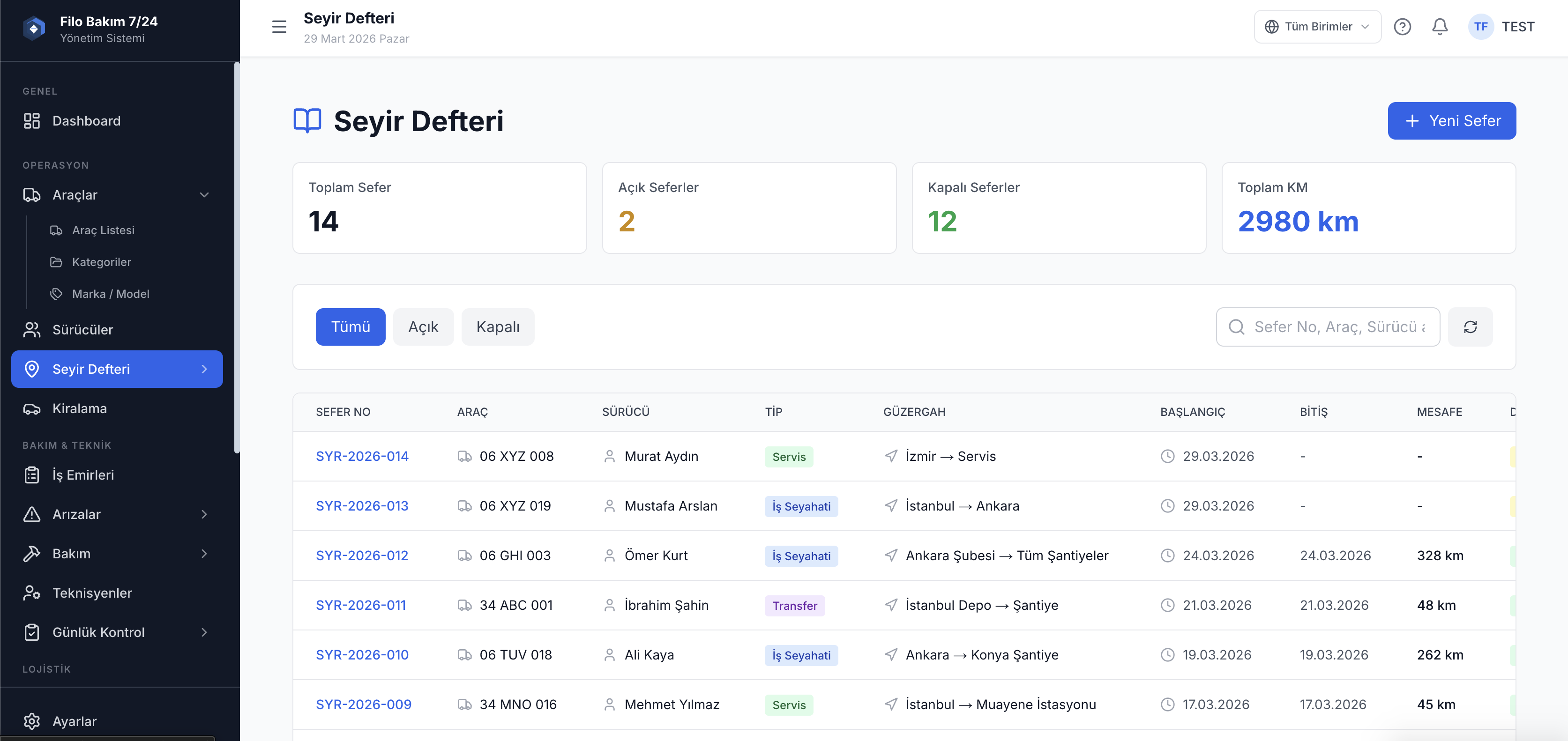 Araç seyir defteri kayıtları — güzergah ve kilometre takibi — Filo Bakım 7/24
