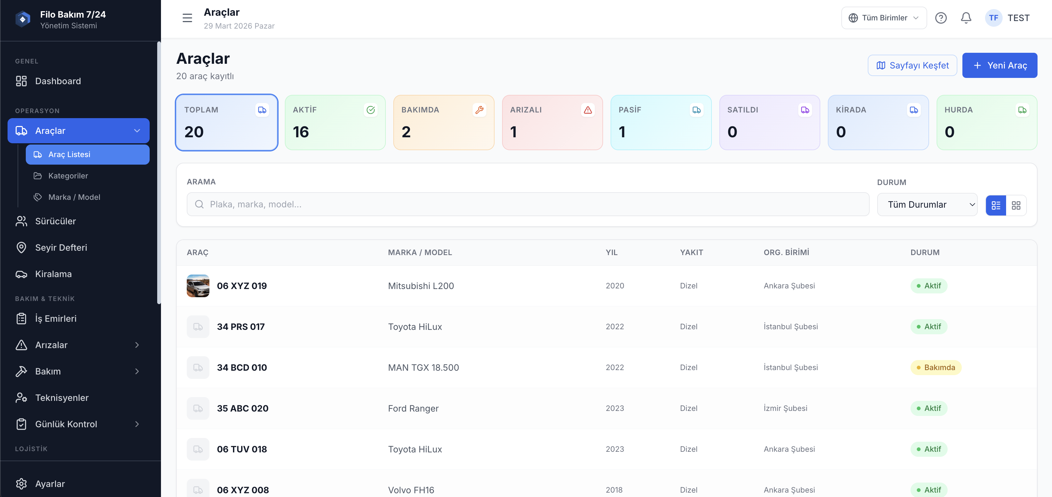 Araç yönetimi araç listesi ekranı — tüm filo araçları ve anlık durum — Filo Bakım 7/24
