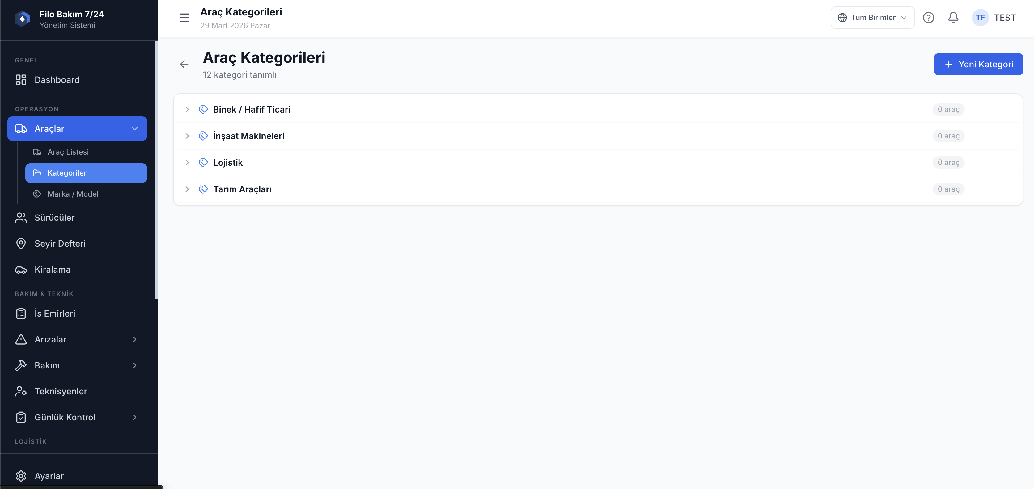 Araç kategori yönetimi ekranı — filo araç tür ve sınıflandırması — Filo Bakım 7/24