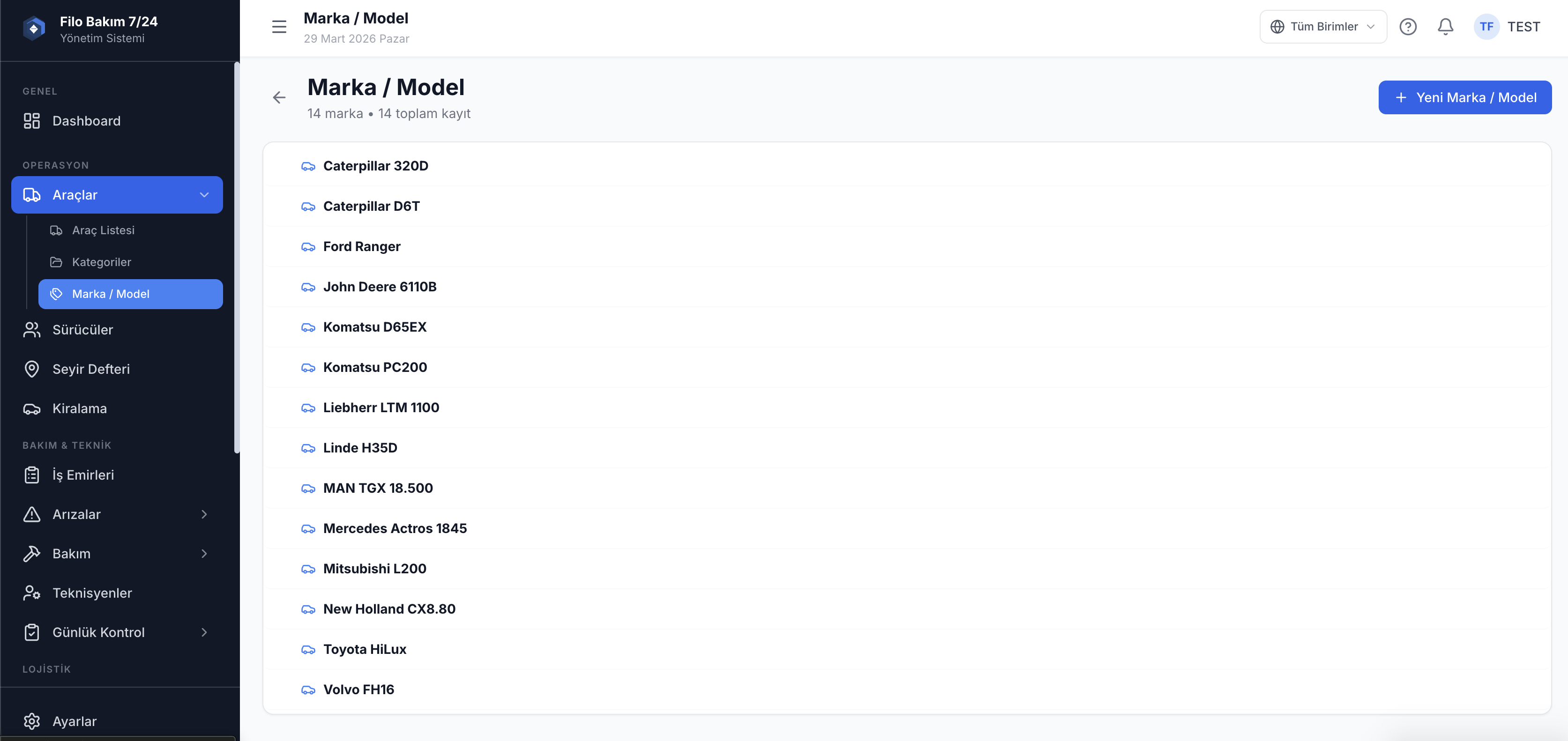 Araç marka model yönetimi — filo araç teknik özellikleri — Filo Bakım 7/24