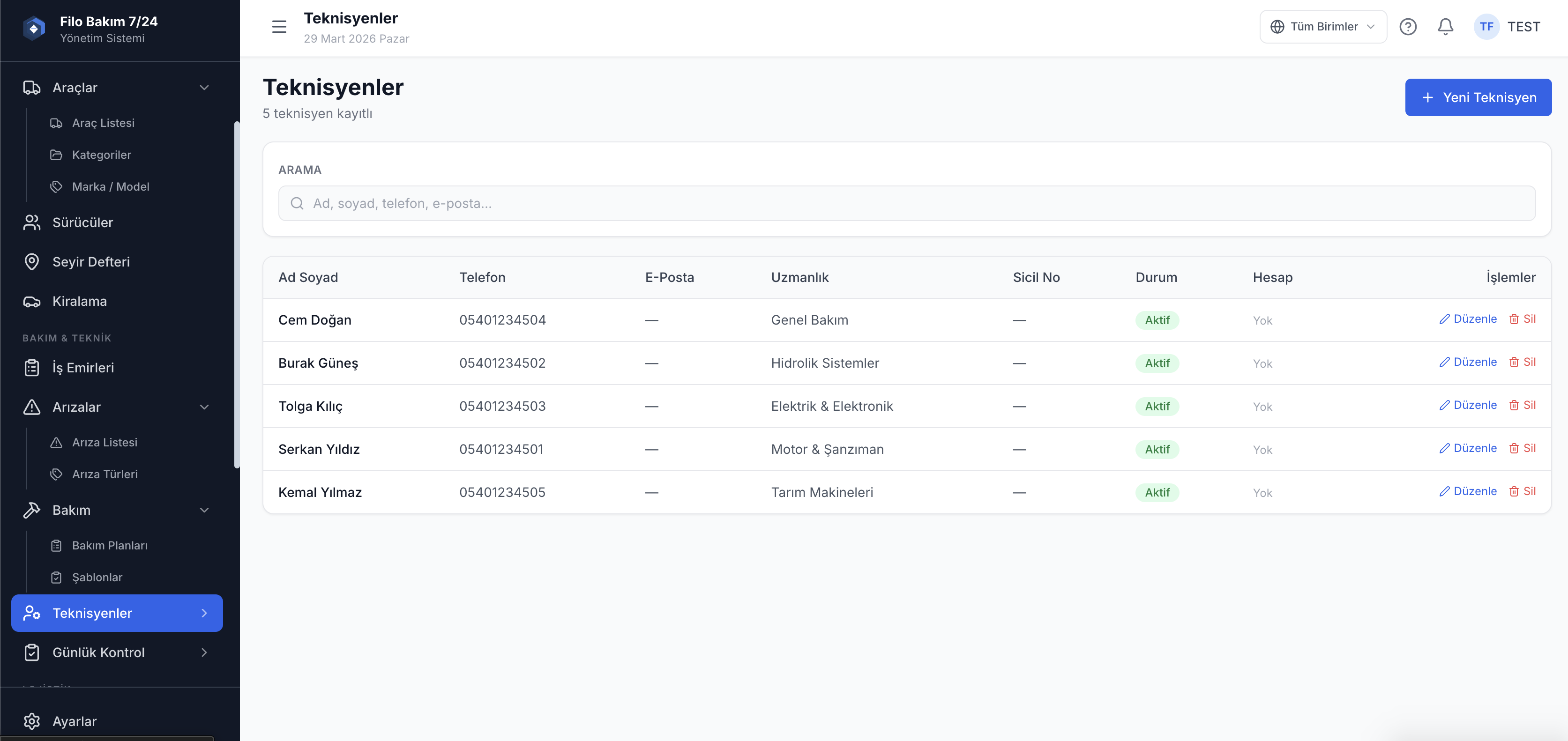 Bakım teknisyen atama ekranı — iş emri ve teknisyen eşleştirme — Filo Bakım 7/24