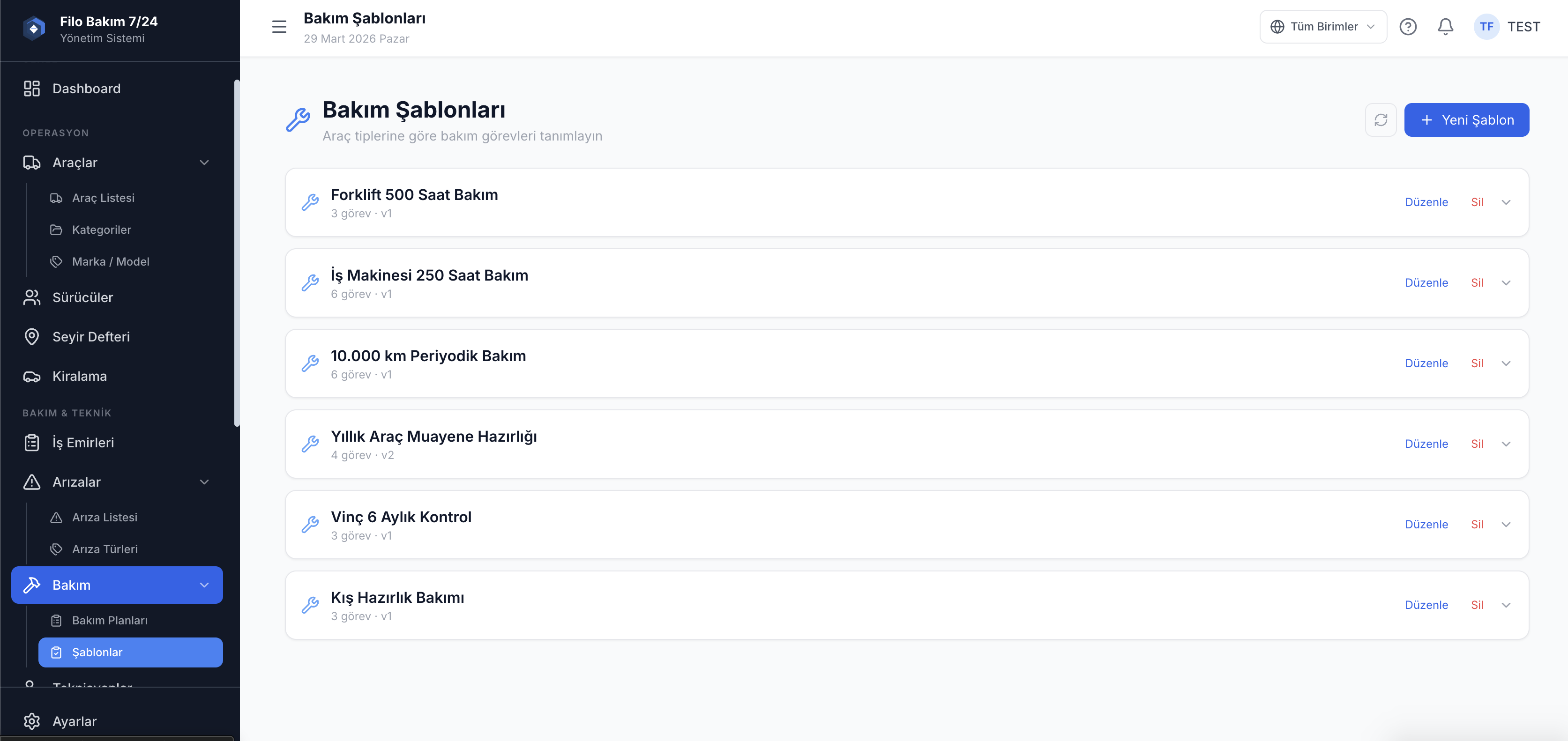 Filo bakım şablonları ekranı — standart bakım prosedürleri — Filo Bakım 7/24