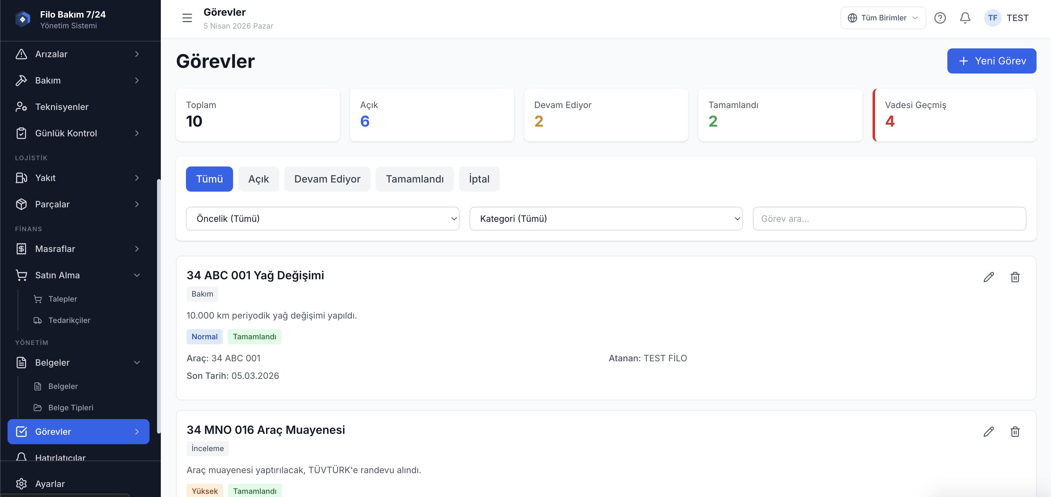 Filo görev yönetim sistemi ekranı — ekip görev atama ve takibi — Filo Bakım 7/24