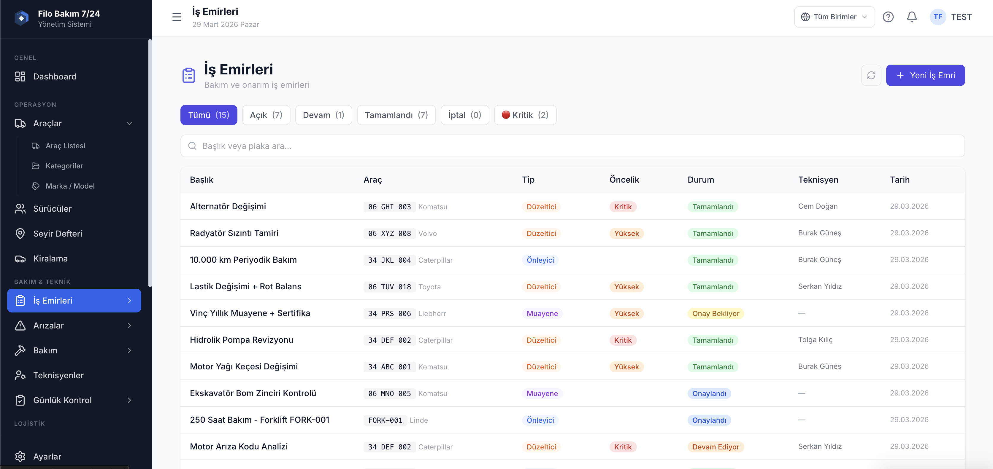 Filo iş emirleri yönetimi ekranı — teknisyen atama ve iş takibi — Filo Bakım 7/24