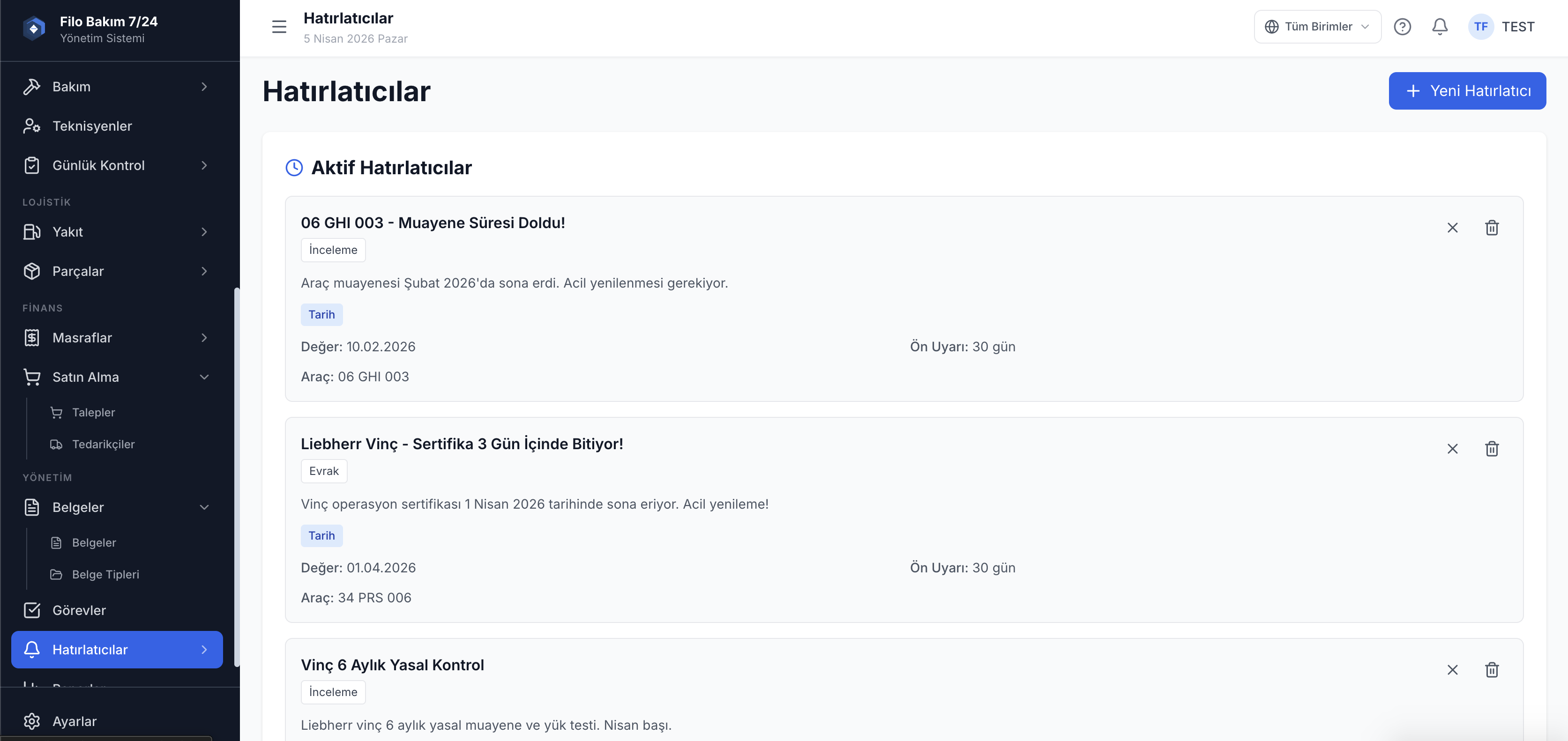 Filo otomatik hatırlatıcı bildirimleri — bakım ve sigorta uyarıları — Filo Bakım 7/24
