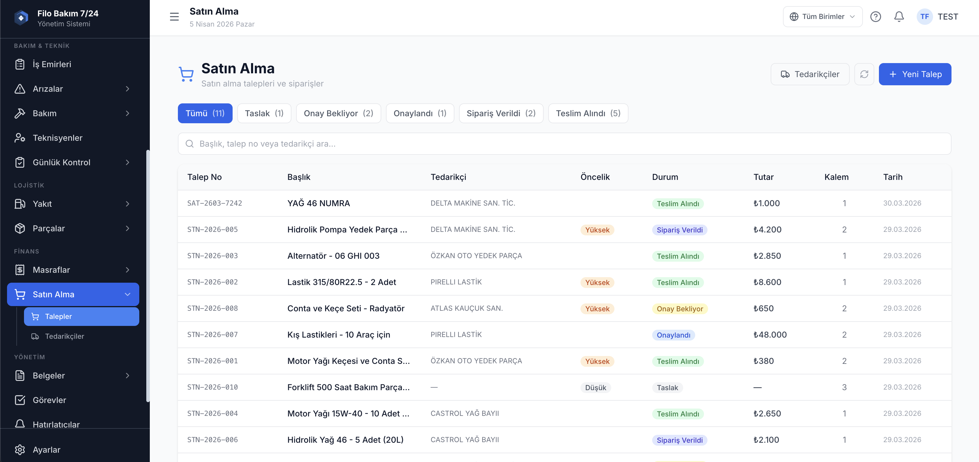 Filo satın alma ve tedarikçi yönetimi ekranı — onay akışı ve maliyet kontrolü — Filo Bakım 7/24
