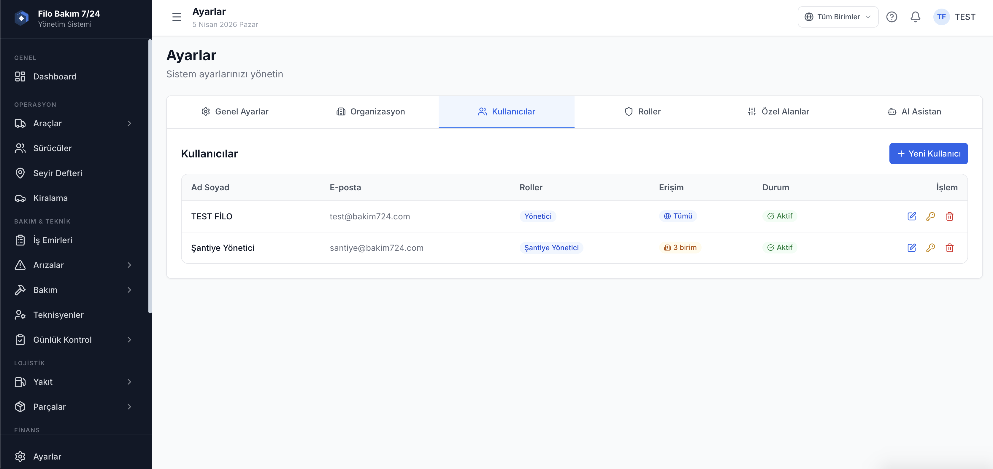 Filo bildirim ayarları ekranı — SMS ve e-posta uyarı yapılandırması — Filo Bakım 7/24