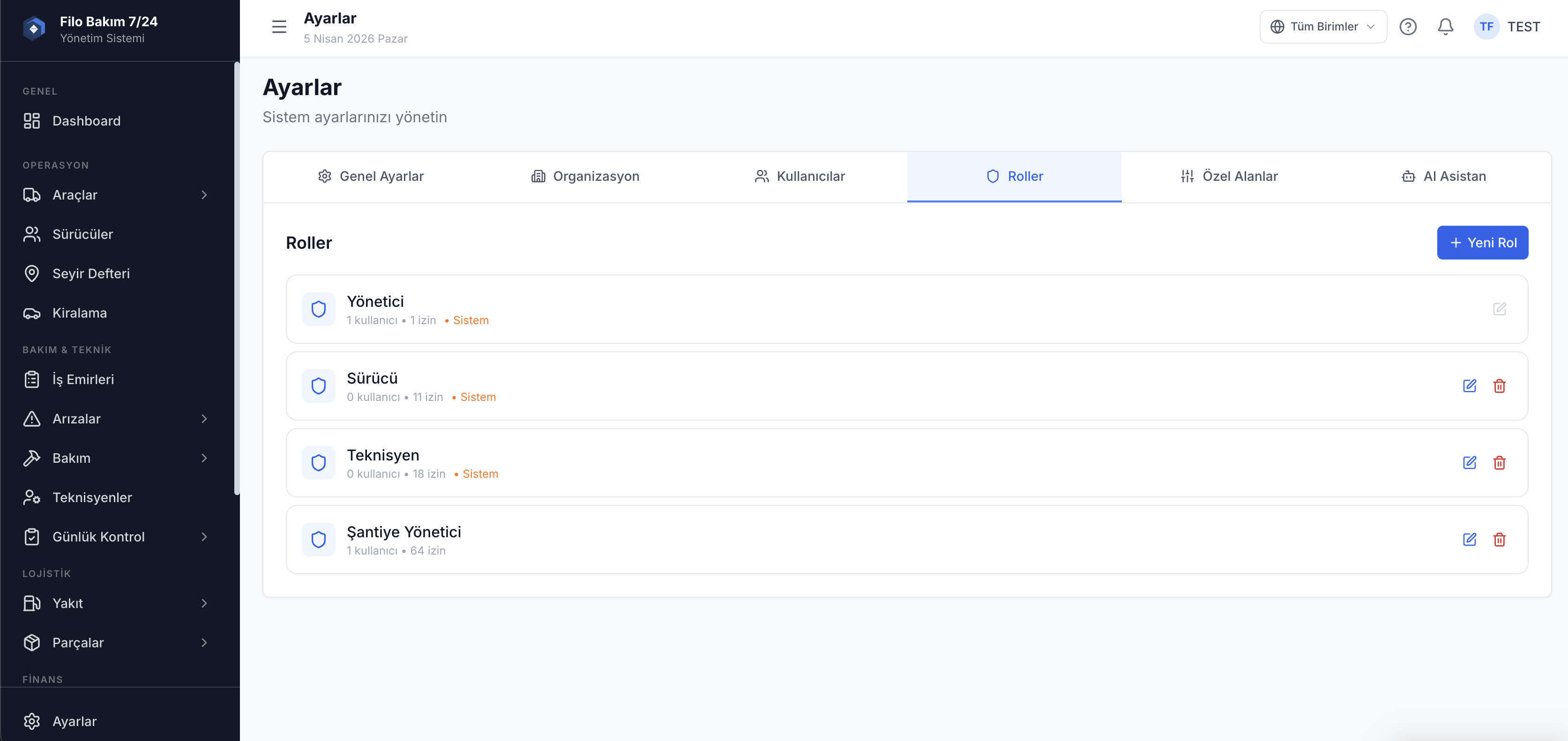 Filo entegrasyon ayarları ekranı — API ve üçüncü taraf bağlantıları — Filo Bakım 7/24