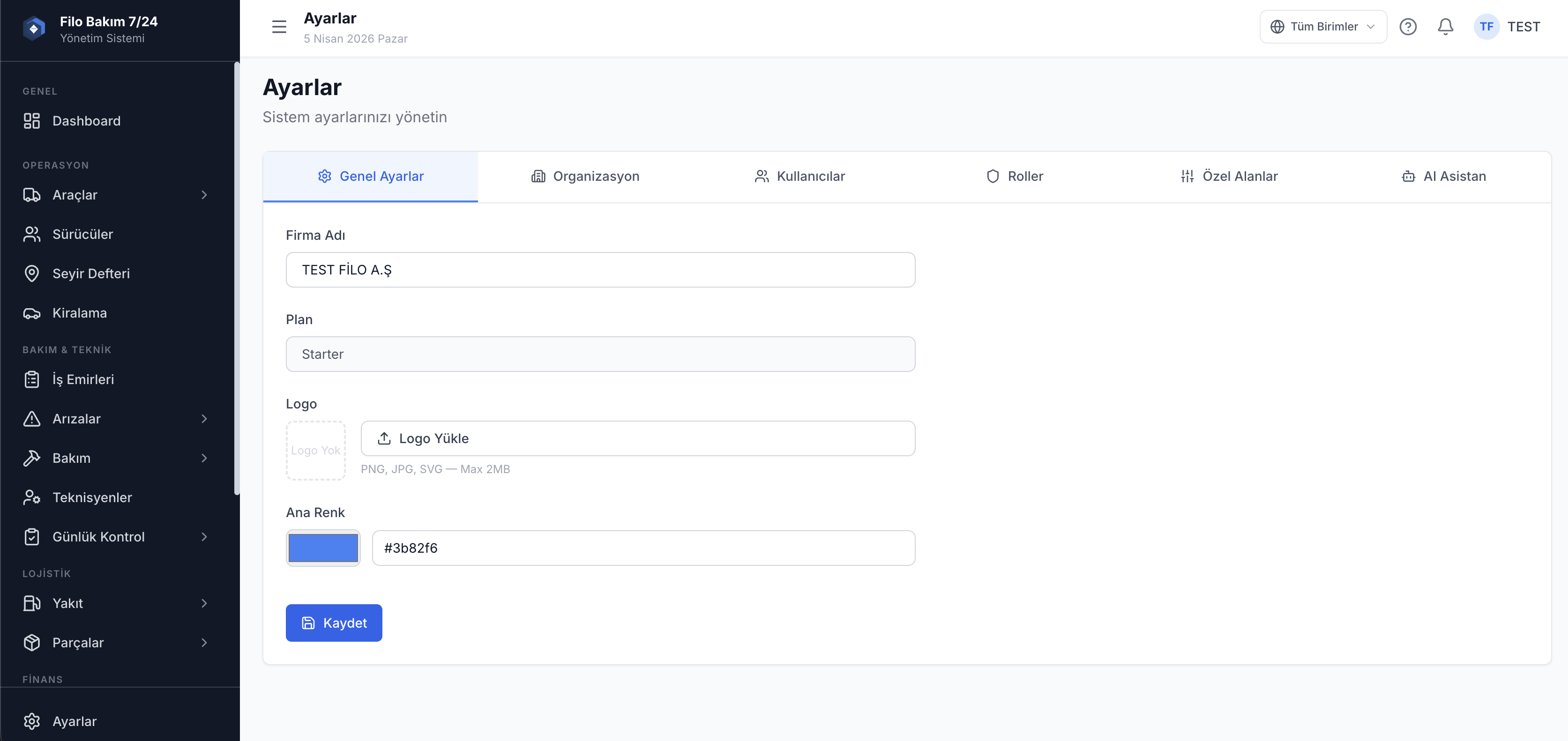 Filo sistem genel ayarları ekranı — organizasyon yapılandırması — Filo Bakım 7/24