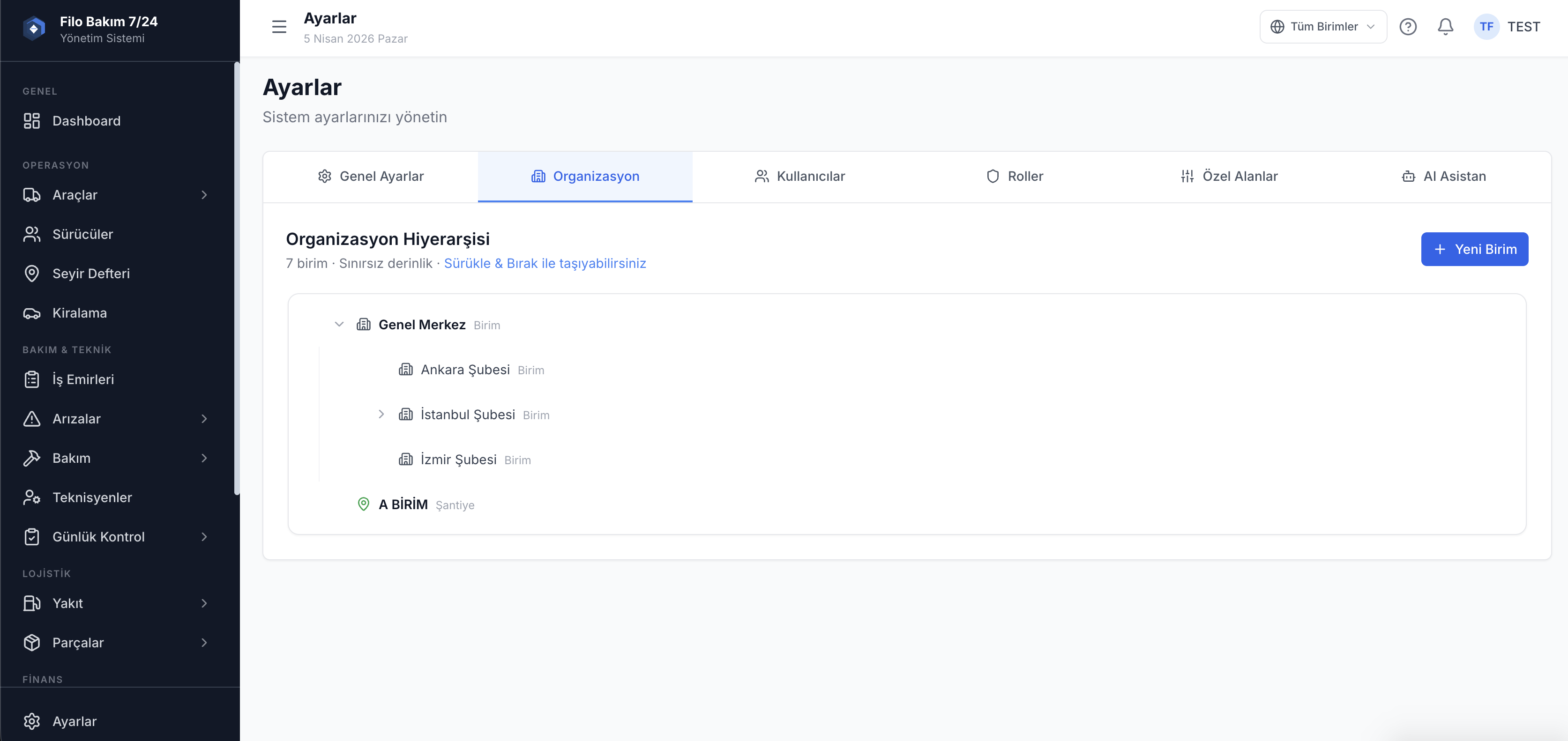 Filo kullanıcı yönetimi ayarları ekranı — rol ve yetki tanımları — Filo Bakım 7/24