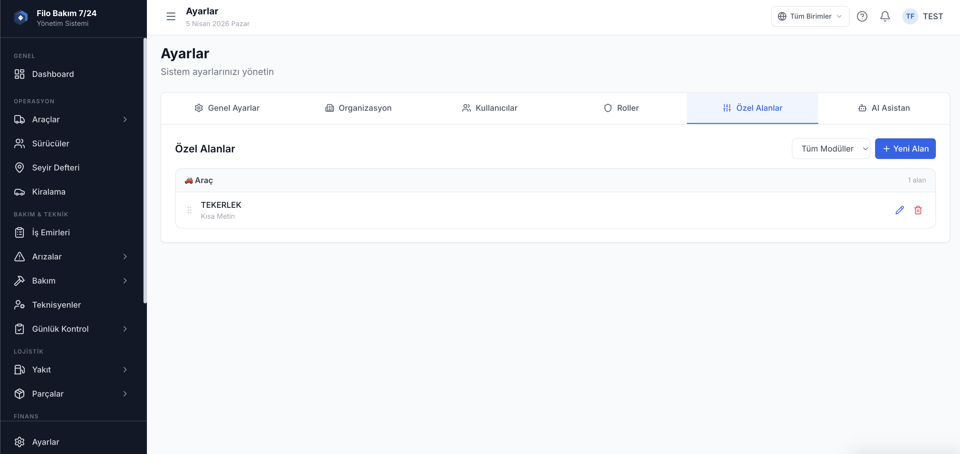 Filo rol ve yetki yönetimi ekranı — kullanıcı erişim hakları — Filo Bakım 7/24