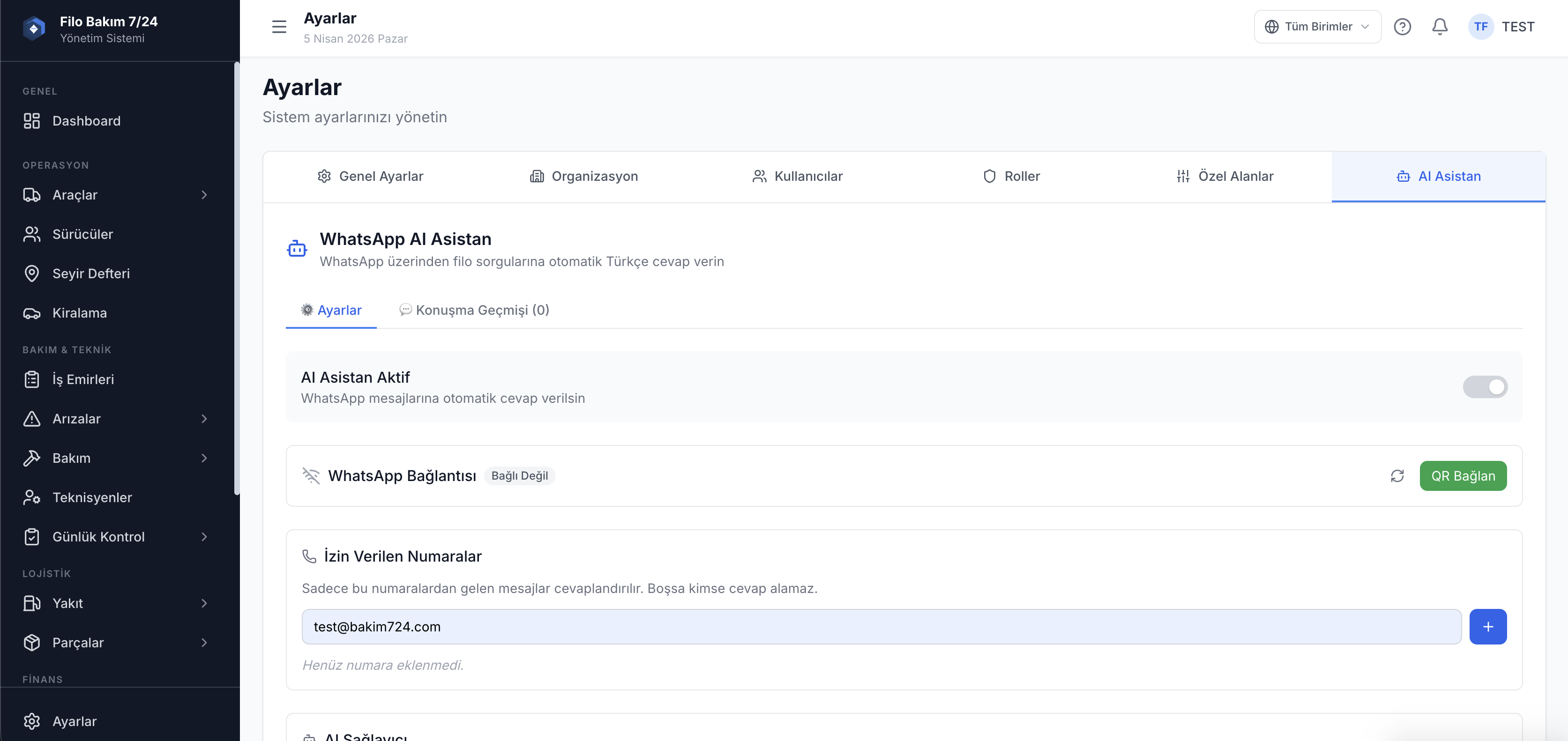 Filo sistem yedekleme ayarları ekranı — veri yedek ve geri yükleme — Filo Bakım 7/24