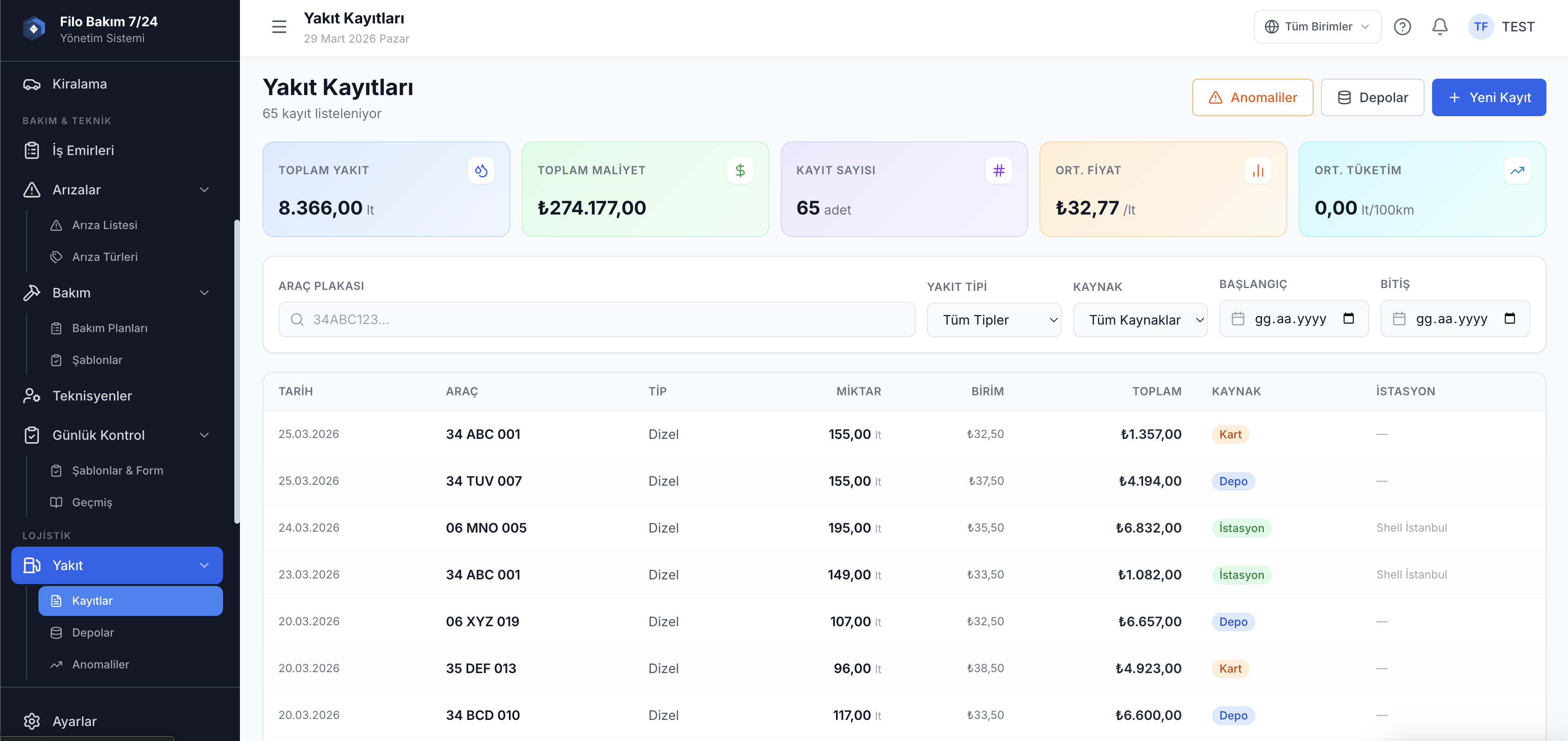 Filo yakıt takip kayıtları ekranı — araç başı yakıt tüketimi — Filo Bakım 7/24