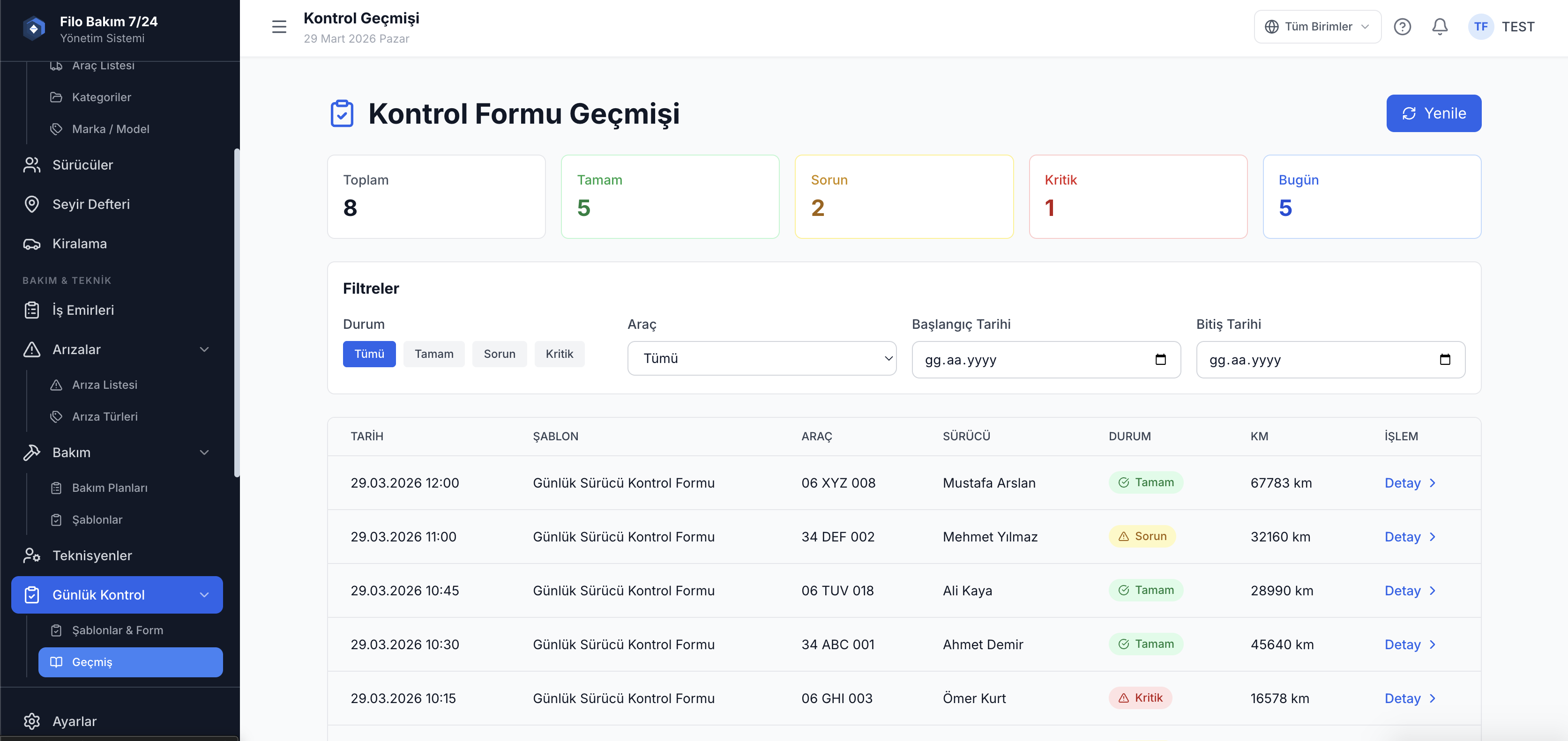Günlük araç kontrol geçmişi — sürücü kontrol kayıtları — Filo Bakım 7/24