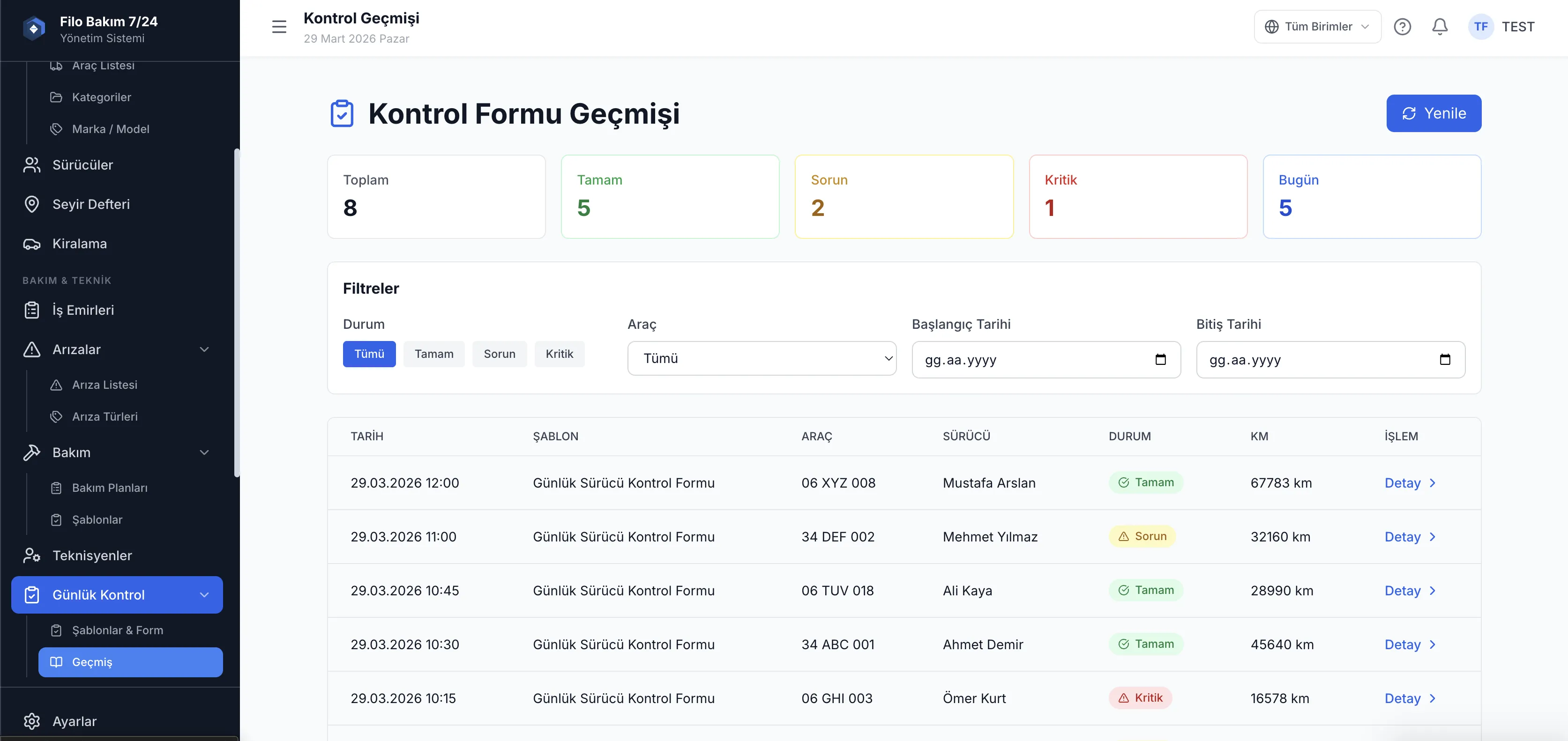 Günlük araç kontrol geçmişi — sürücü kontrol kayıtları — Filo 7/24 Yönetim