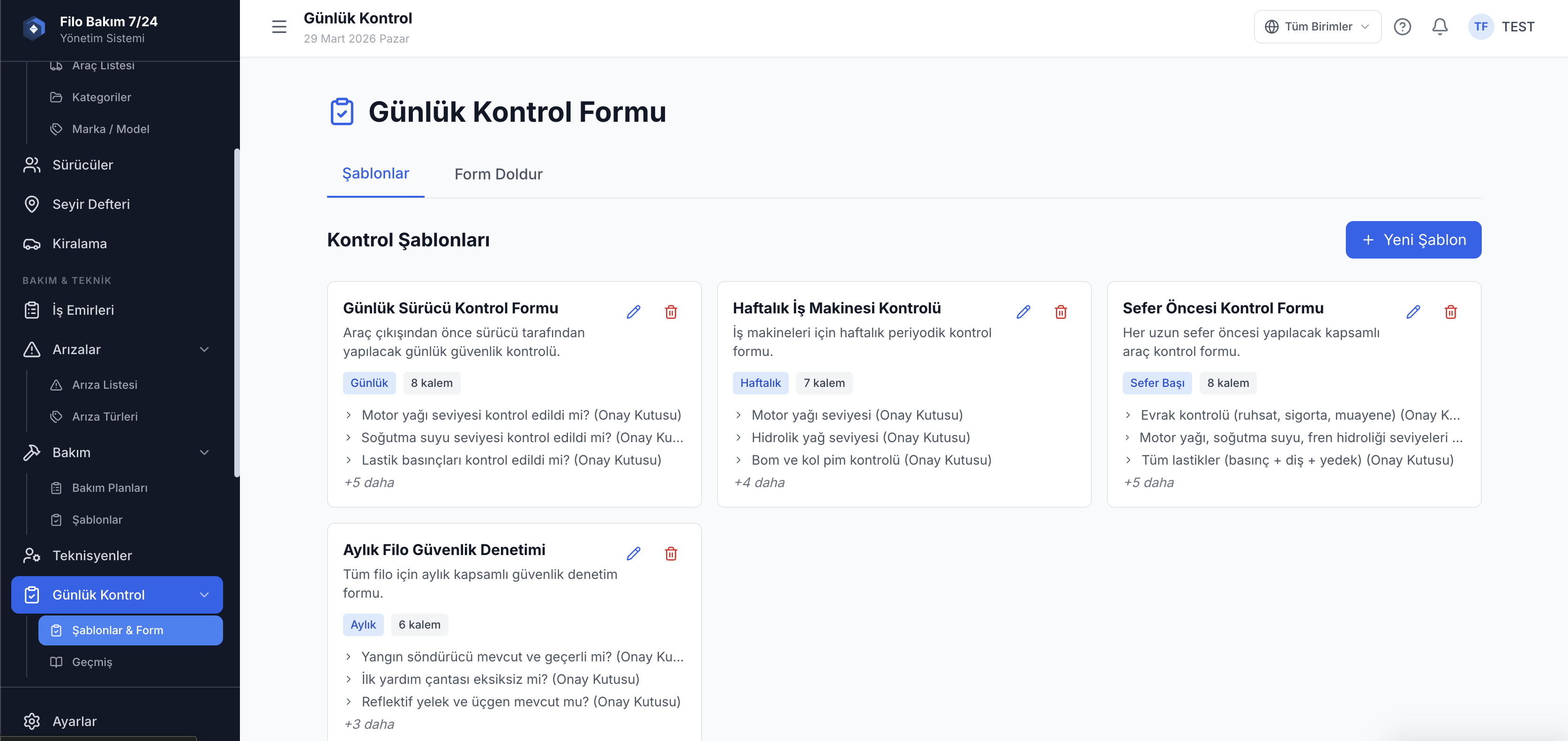 Günlük araç kontrol şablonları ekranı — çıkış öncesi dijital form — Filo Bakım 7/24