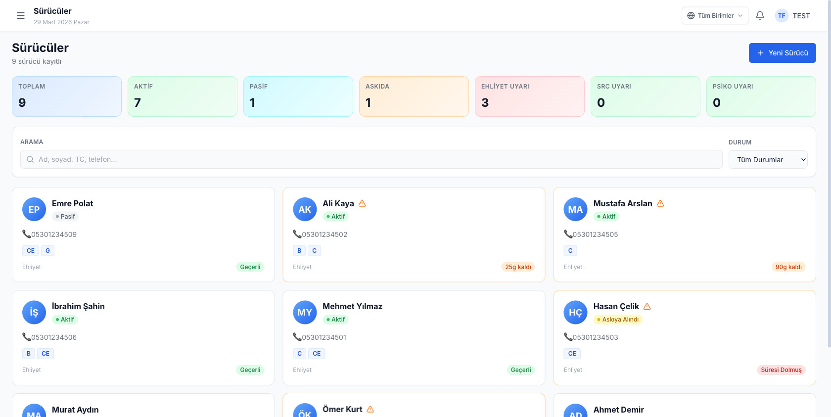 Sürücü Takibi Ekranı