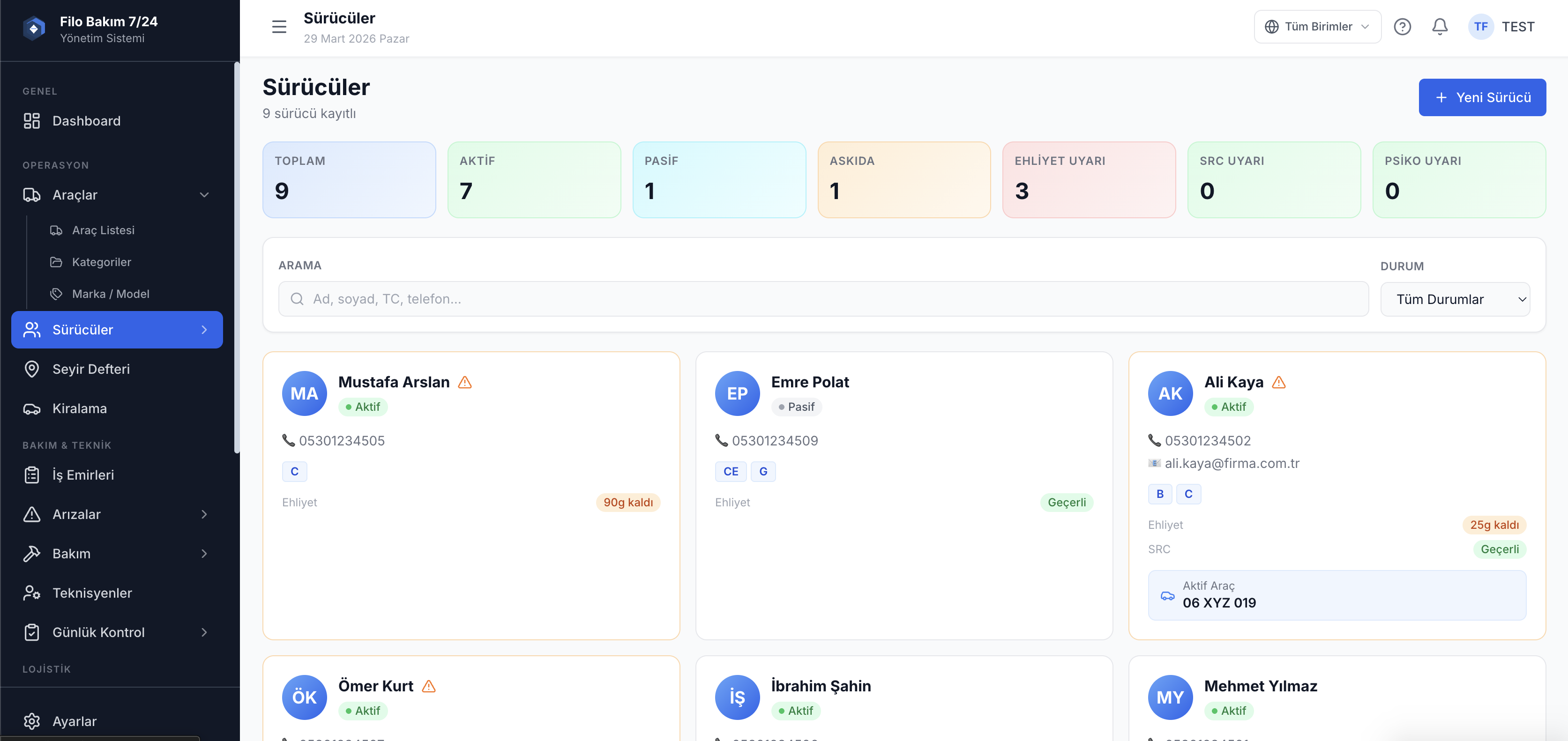 Sürücü takip sistemi ekranı — sürücü profili ve performans bilgileri — Filo Bakım 7/24