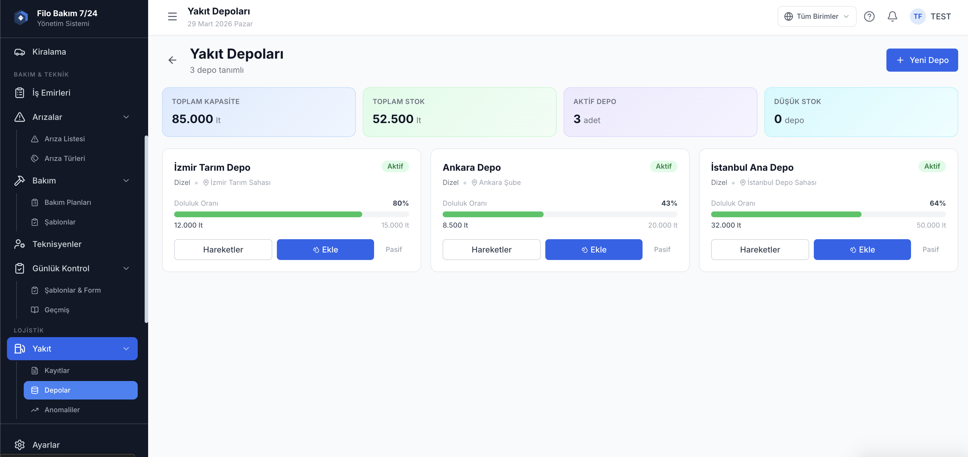 Yakıt depo yönetimi ekranı — depo doluluk ve yakıt girişi takibi — Filo Bakım 7/24