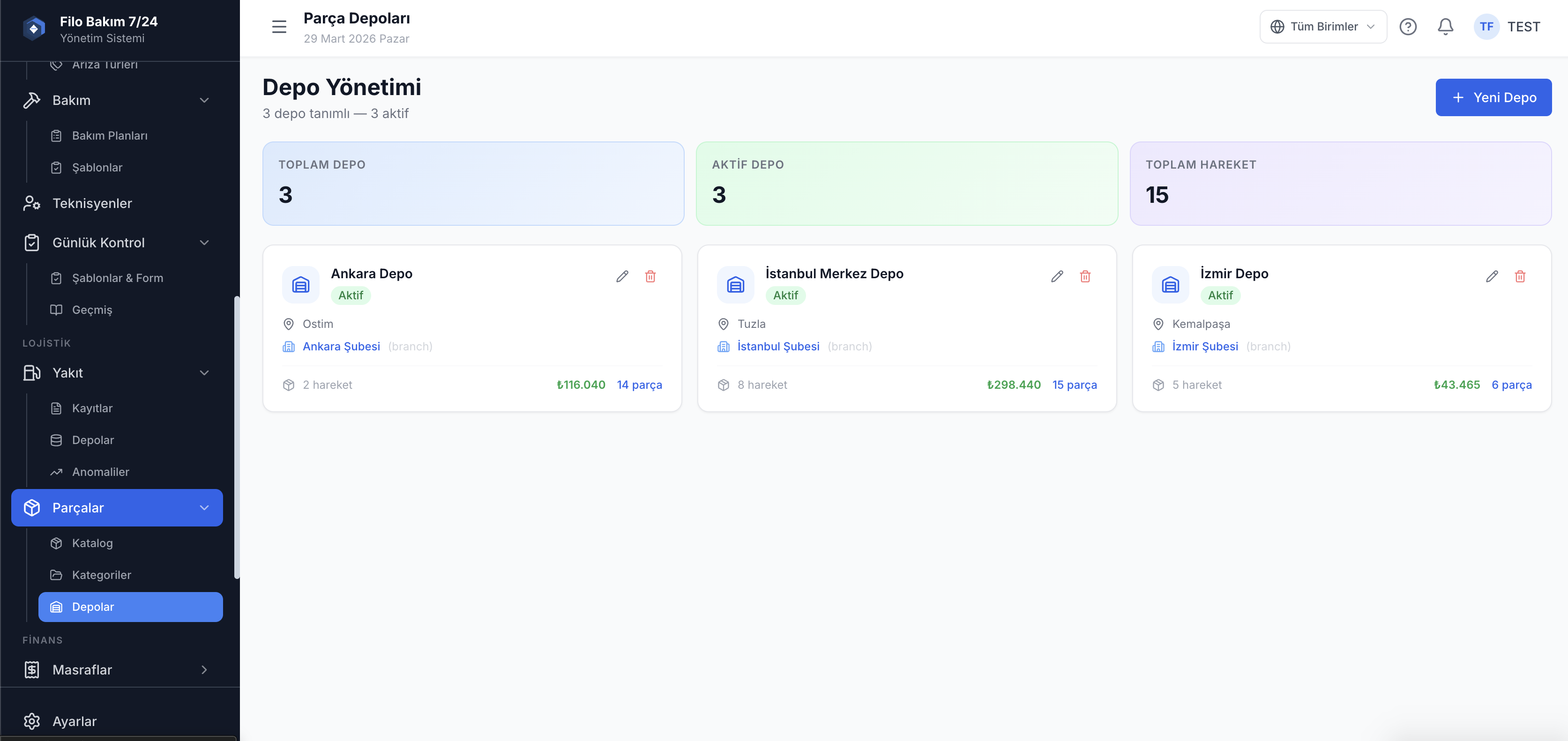 Yedek parça depo yönetimi ekranı — depo konumu ve stok dağılımı — Filo Bakım 7/24