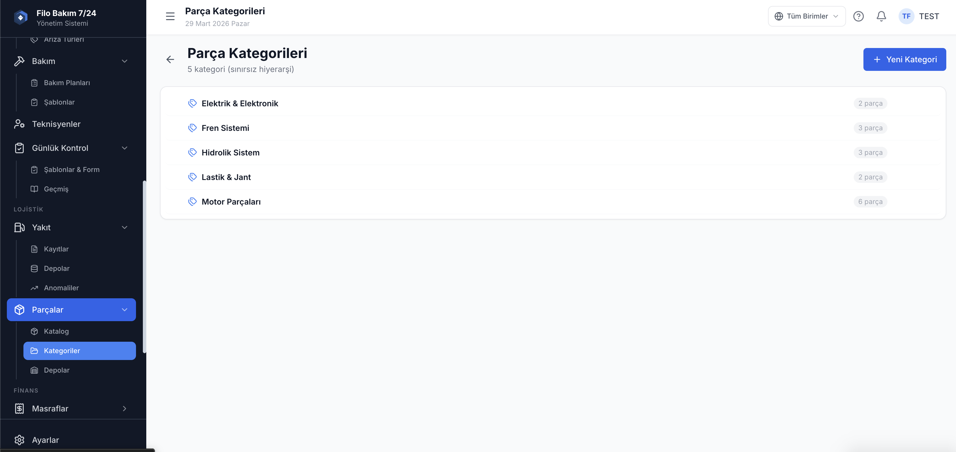 Yedek parça kategorileri ekranı — parça sınıflandırma ve gruplama — Filo Bakım 7/24