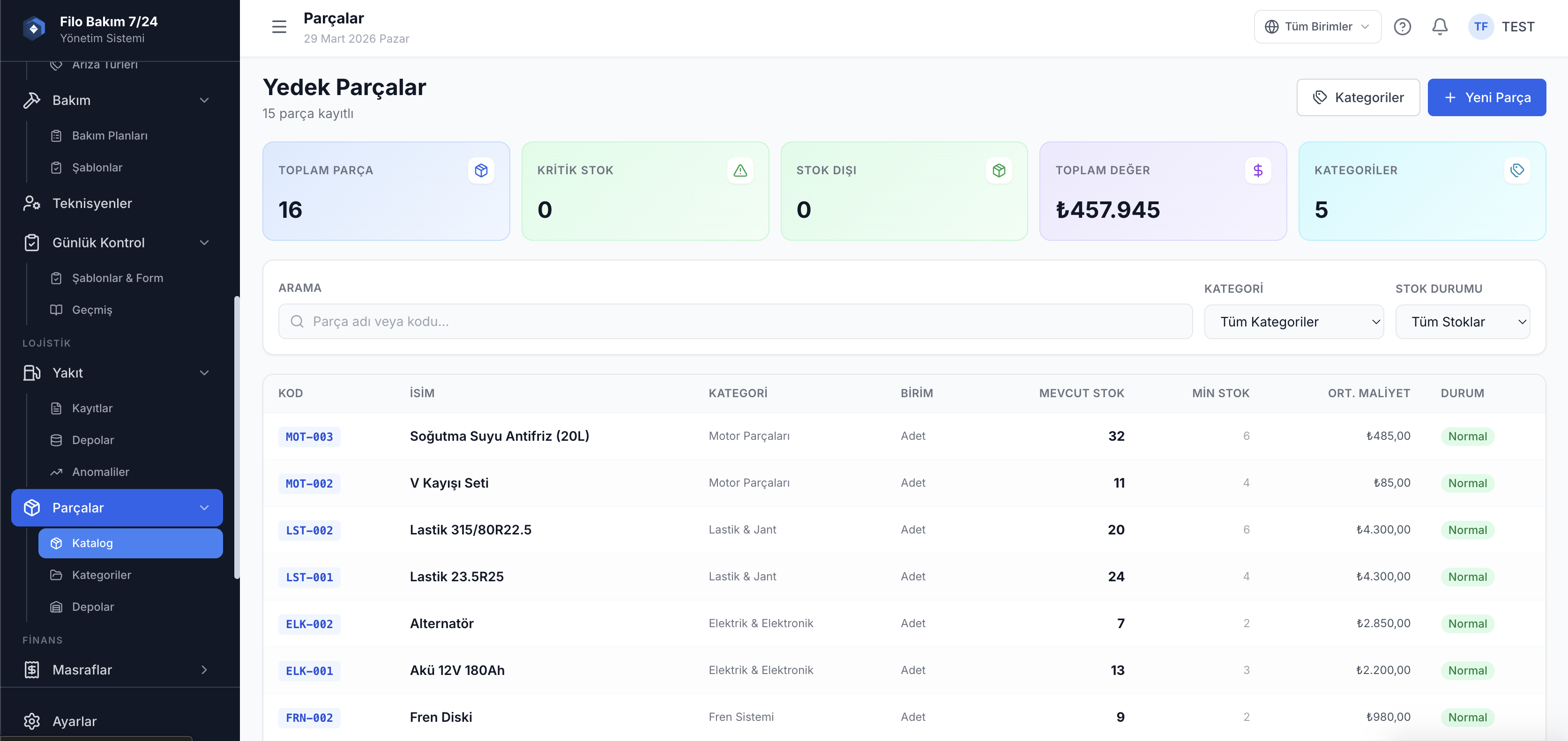 Yedek parça stok yönetimi ekranı — araç parça envanteri ve stok takibi — Filo Bakım 7/24